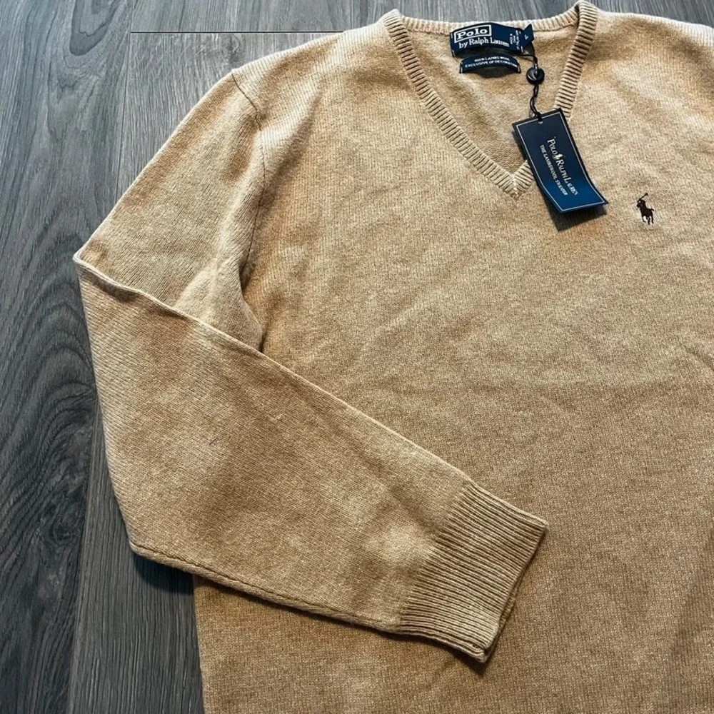 NWT Polo by Ralph Lauren The Lambswool Sweater Tan V-Neck